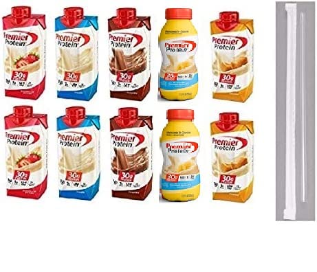Premier Protein Shakes Drinks – Low Carb High Protein Shakes Variety 10 Pack (30g) | 2 of Each Flavor – Chocolate, Strawberry, Vanilla, Banana & Caramel | Bonus of 10 Individually Wrapped Straws