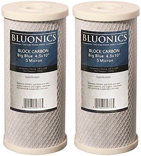 BLUONICS Carbon Block Replacement Water Filters 2 pcs (5 Micron) 4.5″ x 10″ Cartridges for Chlorine, Herbicides, Insecticides, Bad Taste and Odor