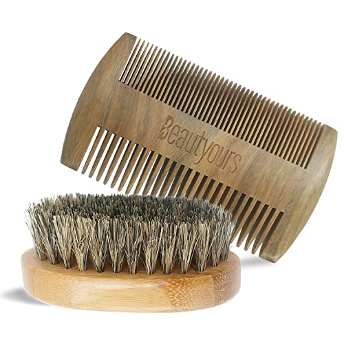 Beard Brush Kit Boar Bristle Brush and Sandalwood Comb with Storage Bag for Men, Fine & Coarse Teeth Dual Brush for Mustache Anti-Static