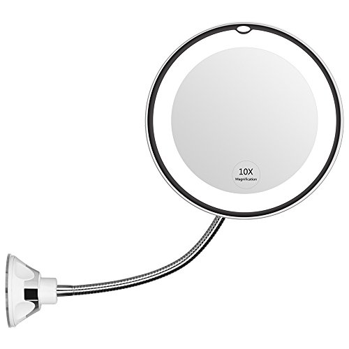KEDSUM Flexible Gooseneck 6.8″ 10x Magnifying LED Lighted Makeup Mirror, Bathroom Magnification Vanity Mirror with Suction Cup, 360 Degree Swivel, Daylight, Battery Operated, Cordless & Travel Mirror
