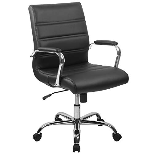 Flash Furniture Whitney Mid-Back Desk Chair – Black LeatherSoft Executive Swivel Office Chair with Chrome Frame – Swivel Arm Chair