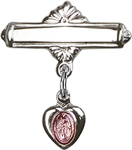 Sterling Silver Polished Baby Bar Pin with Heart Miraculous Medal with Pink Enamel Charm, 11/16 Inch