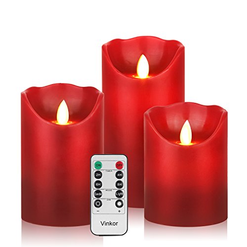 Vinkor Flameless Candles Flickering Candles Decorative Battery Flameless Candle Classic Real Wax Pillar with Dancing LED Flame & 10-Key Remote Control 2/4/6/8 Hours Timers (Burgundy 4″ 5″ 6″)