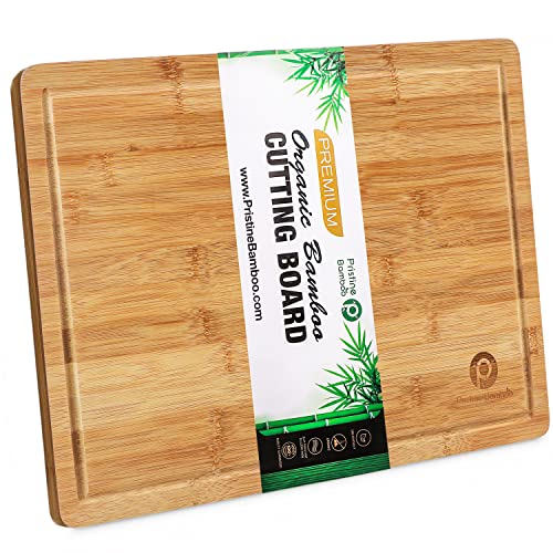 Extra Large Organic Bamboo Cutting Board for Kitchen – Wood Butcher Block – Wood Cutting Board with Juice Groove – Kitchen Chopping Board for Meat, Cheese and Vegetables, 18 x 12” – Pristine Bamboo
