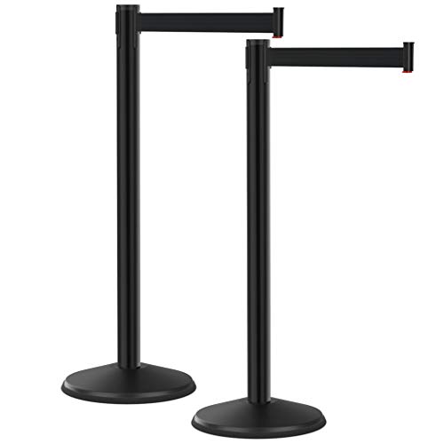 Retractable Belt Barrier 2pk, 40” Tall Crowd Control Stanchion Post, 10’ Long Black Belt/Black Visiontron Prime Steel Queue Pole, Self-Straightening No-Tools Assembly