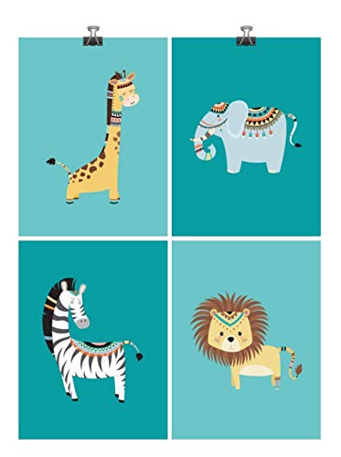 Tribal Safari Nursery Prints – Boho Nursery Art Print Set of 4 – Lion, Elephant, Zebra & Giraffe – Multiple Sizes