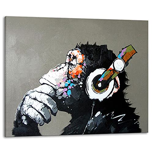 Muzagroo Art Music Monkey with Headphone Oil Paintings Hand Painted on Canvas Wall Art for Living Room Chimps Media Room Art M