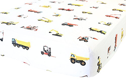 100% Cotton Fitted Crib Sheet – Premium Baby Bedding – Soft, Breathable & Durable – Construction Trucks Print