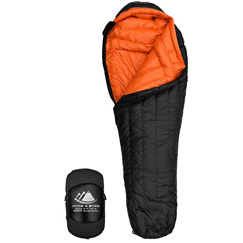 Hyke & Byke Eolus 0 F Hiking & Backpacking Sleeping Bag – 4 Season, 800FP Goose Down Sleeping Bag – Ultralight – Black/Clementine – 78in – Regular
