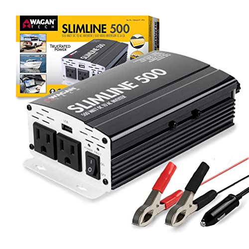 Wagan EL3716 500W Slim Line AC to DC Power Inverter 500W TrueRated Continuous 1000W Surge Power DC 12V to AC 110V Power Inverter with 2 AC Outlets and 2A USB Charging Port
