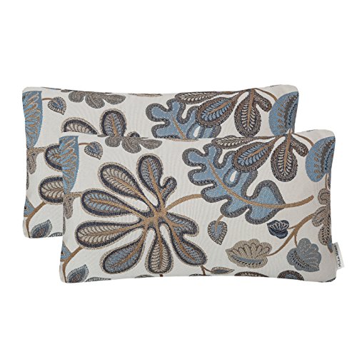 Mika Home Set of 2 Jacquard Tropical Leaf Pattern Oblong Throw Pillow Covers Accent Pillowcase 12X20 Inches,Blue Cream