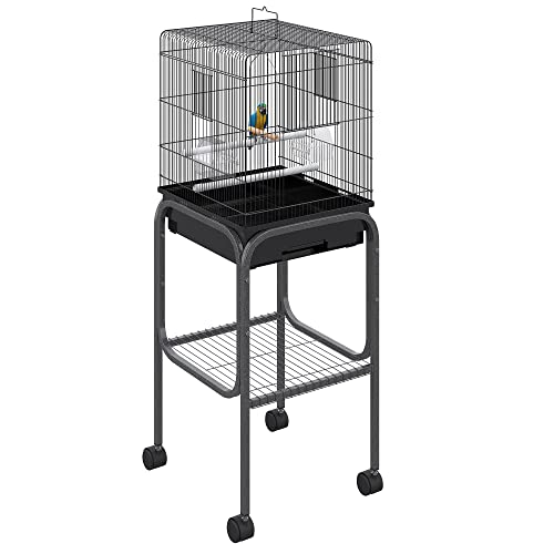 PawHut 44.5″ Metal Indoor Bird Cage Starter Kit with Detachable Rolling Stand, Storage Basket, and Accessories – Black