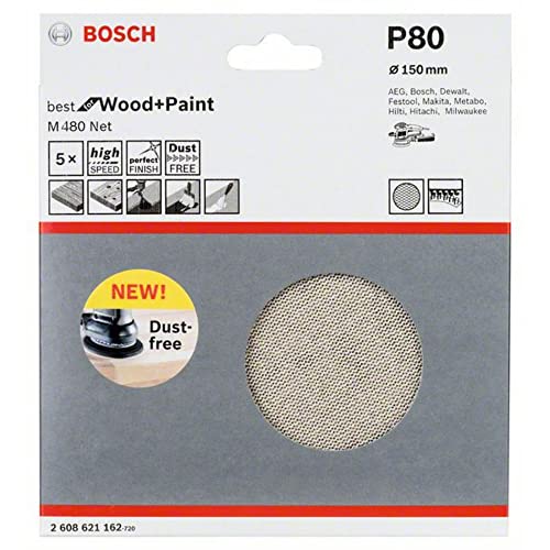 Bosch Professional 5x Sanding Sheet M480 Best for Wood and Paint (Wood and Paint, Ø 150 mm, Grit P80, Accessories Orbital Sander)