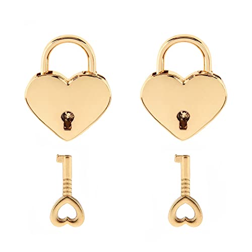 Warmtree Small Metal Heart Shaped Padlock Mini Lock with Key for Jewelry Box Storage Box Diary Book,Pack of 2,Gold