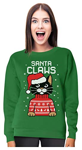 Tstars Santa Claws Sweatshirt Women Teen Girls Cat Ugly Christmas Sweater Style X-Large Green