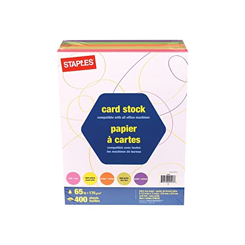 Staples Brights Card Stock in Assorted Colors – Pink, Purple, Orange, Light Yellow and Light Green, 65lb, 400 Sheets per Pack