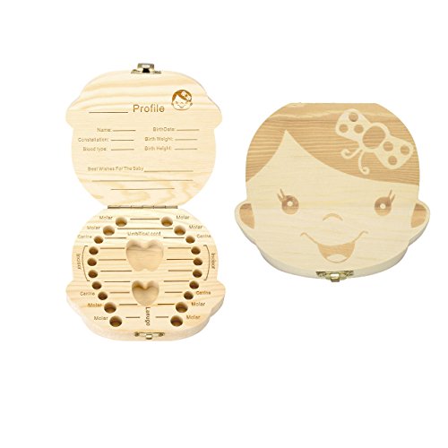 Mogoko Baby Teeth Keepsake Box Wooden Tooth Fairy Boxes, Child Kids Tooth Storage Holder Organizer(Girl, English; Customized Personalized Optional)