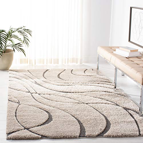 SAFAVIEH Florida Shag Collection 5’3″ x 7’6″ Cream/Grey SG471 Abstract Wave Non-Shedding Living Room Bedroom Dining Room Entryway Plush 1.2-inch Thick Area Rug