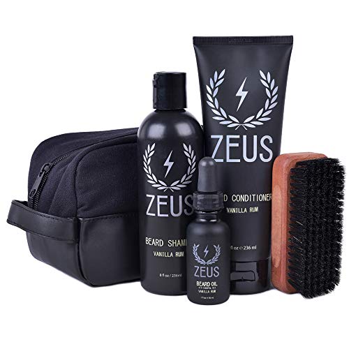 ZEUS Deluxe Beard Care Travel Dopp Kit – Beard Wash Set, Natural Beard Oil, Beard Brush & Travel Toiletry Bag (Vanilla Rum)