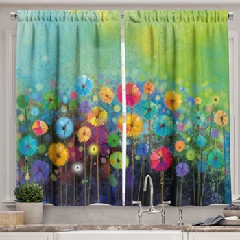 Ambesonne Flower Kitchen Curtains, Dandelions Featured in Garden with Brushstrokes Watercolored Abstract Landscape Art, Window Drapes 2 Panel Set for Kitchen Cafe Decor, 55″ X 39″, Green Yellow | The Storepaperoomates Retail Market - Fast Affordable Shopping