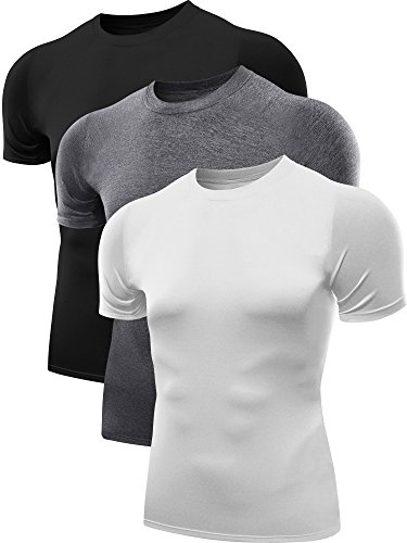 NELEUS Men’s 3 Pack Athletic Compression Workout Short Sleeve Shirts,5011,Black,Grey,White,M,EUR L