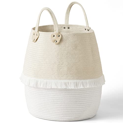 LA JOLIE MUSE Rope Basket Woven Storage Basket – Laundry Basket Large 16 x 15 x 12 Inches Cotton Blanket Organizer, Baby Nursery Containers White Home Decor Gift