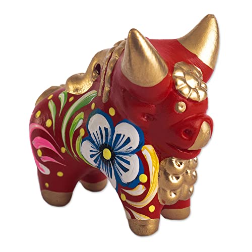 NOVICA Handmade Little Red Pucara Bull – Hand Painted Red Ceramic Floral Bull Sculpture, Home D�cor Accents Desktop Decor, Home Decor Figurines.