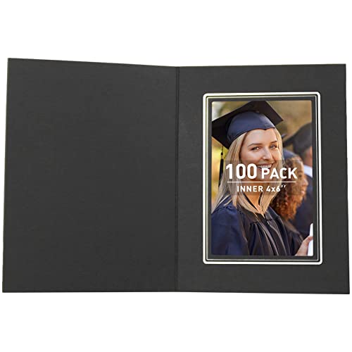 Golden State Art, Pack of 100, 4×6 Photo Folders, Cardboard Picture Frame, Paper Photo Frame Cards, Greetings/Invitation Cards, Special Events: Graduation, Christmas, Wedding(Black with Silver Lining)