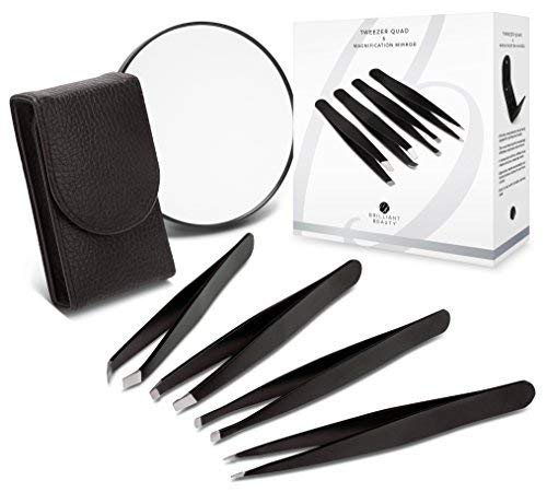 Brilliant Beauty 4-Piece Professional Tweezer Set with Case & Mirror by Precision Tweezers Kit Slant, Pointed, Curved & Flat Tips for Eyebrow, Ingrown Hair, Splinter Removal, Black, 1 Count