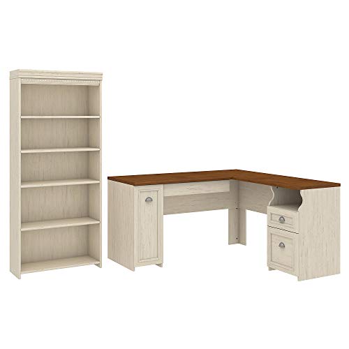 Bush Furniture Fairview L Shaped Desk and 5 Shelf Bookcase in Antique White