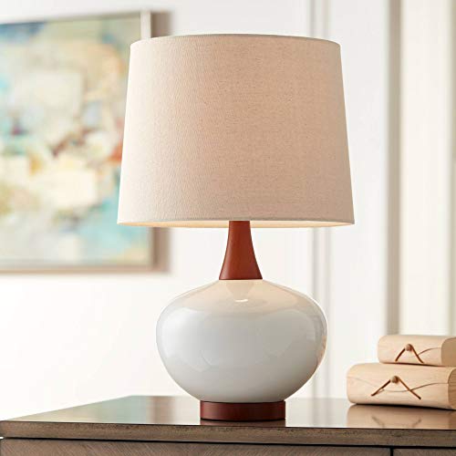 360 Lighting Brice Mid Century Modern Accent Table Lamp 23″ High Ivory Ceramic Wood Neck Off White Tapered Drum Shade for Bedroom Living Room House Home Bedside Nightstand Office Family