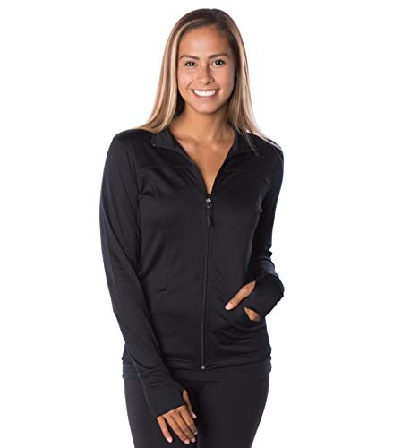 Global Blank Athletic Workout Jackets for Women, Full Zip-Up Jacket for Running, Yoga, and Sports, Black, XL