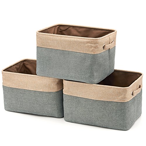 EZOWare Set of 3 Large Canvas Fabric Tweed Storage Organizer Cube Set W/Handles for Nursery Kids Toddlers Home and Office – 15 L x 10.5 W x 9.4 H -Gray/Brown