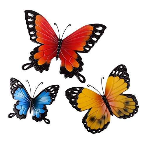 CraftyCrocodile Butterfly Wall Decor – Metal Decorations for Indoor or Outdoor Walls – Farmhouse-Style Ornaments for Home Interior, Patio, Porch, Deck, Garden – Set of 3 Yellow, Red & Blue Butterflies
