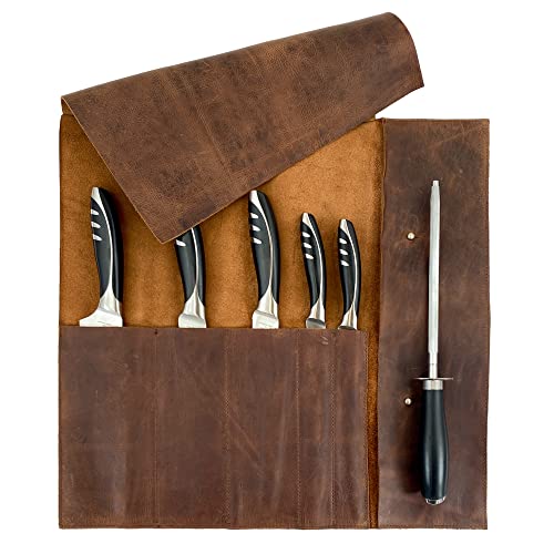 Hide & Drink, Rustic Leather Knife Roll Case (5 pockets), Compact Carry On Bag for Traveling Chefs & Cooks, Kitchen Tool Storage Organizer, Handmade Includes 101 Year Warranty (Bourbon Brown)