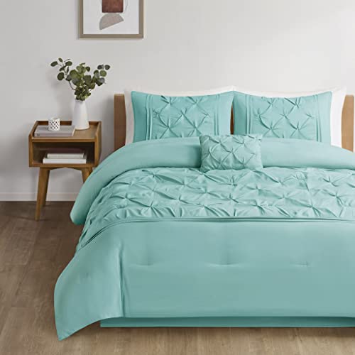 Comfort Spaces Cavoy Comforter Set – Luxe Diamond Tufting, All Season Bedding, Matching Bed Skirt, Decorative Pillows, Queen, Faux Silk Aqua 5 Piece