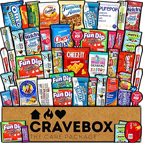 CRAVEBOX Snacks Box Variety Pack Care Package (50 Count) Treats Gift Basket Boxes Pack Adults Kids Grandkids Guys Girls Women Men Boyfriend Candy Birthday Cookies Chips Teenage Mix College Student Food Sampler Office FInal Exams