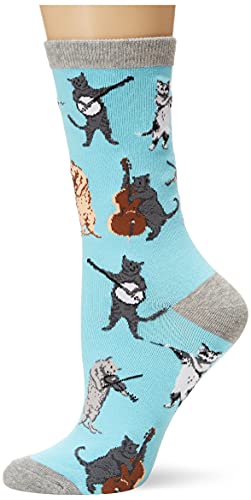 K. Bell Women’s Lover’s Fun & Cute Novelty Crew Socks, Musical Cats (Light Blue), Shoe Size: 4-10
