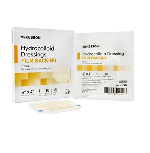 McKesson 1887 Hydrocolloid Dressing, Film Backing, Sterile, 4″ Width, 4″ Length (Pack of 10)
