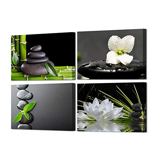 VVOVV Wall Decor Zen Wall Decor Zen Stone Elegant Lotus Flower Painting Green Bamboo Wall Pictures Bathroom Spa Room Decor Framed Gallery Wrap 12″x16″x4 Panels