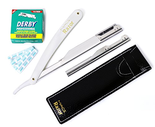 MACS PROFESSIONAL Barber Straight Edge Razor with Hi-Chromium Derby 100 Count Blades – Made of Platinum Stainless Steel -With Easy Blades Replacement Mechanism -Macs-093B1 (White Razor W100 B)