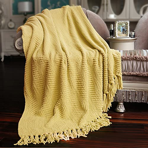 Home Soft Things Yellow Throw Blanket Knitted Tweed Throw 60” x 80”, Jojoba Yellow, Super Soft Cozy Warm Comfortable Breathable Throw for Living Room Chair Couch Bed Sofa Bedroom Home Décor