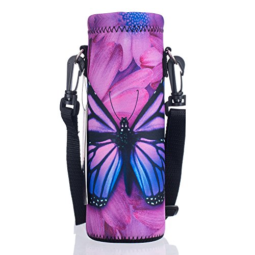 AUPET Water Bottle Carrier,Purple Butterfly 500ML Water Sport Bottle Cover Pouch Insulated Soft Sleeve Holder Case +Shoulder Strap