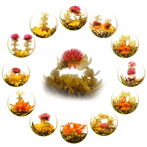 Teavivre® 12pcs Handmade Blooming Flower Tea – 12 Unique Varieties of Individually Sealed Tea Ball – Assorted Flowering Green Tea Ball – Natural Flowers Hand-tied with Green Tea