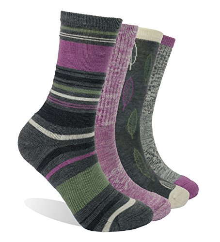 EnerWear 4 Pack Women’s Merino Wool Outdoor Hiking Trail Crew Sock (US Shoe Size 4-10,Violet/Gray/Multi)