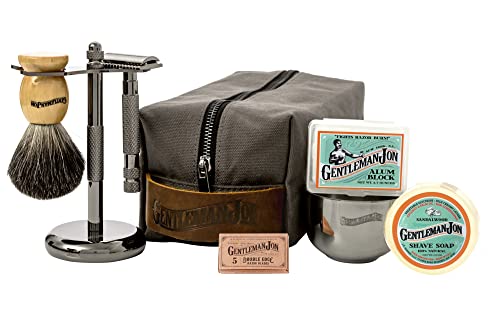 Gentleman Jon Deluxe Wet Shave Kit | Includes 8 Items: Safety Razor, Badger Hair Brush, Shave Stand, Canvas & Leather Dopp Kit, Alum Block, Shave Soap, Stainless Steel Bowl and Five Razor Blades