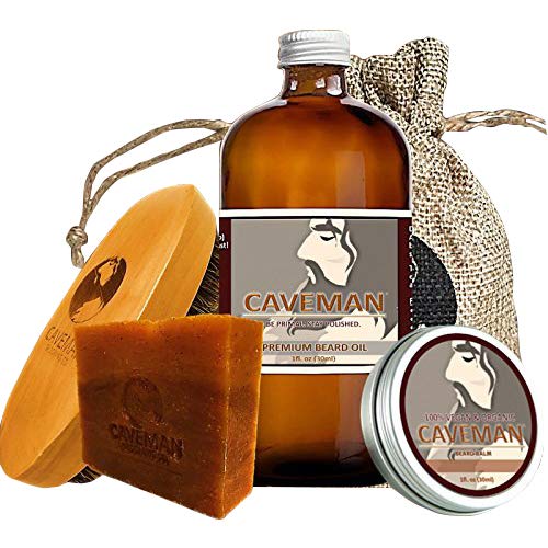 Caveman Beard Oil, Beard/Mustache Balm Wax, Beard and Body Soap, Boar’s Hair Brush Set in Drunken Caveman (Bay Rum) Scent