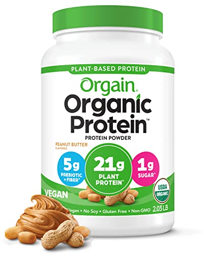 Orgain Organic Vegan Protein Powder, Peanut Butter – 21g of Plant Based Protein, Low Net Carbs, Non Dairy, Gluten/ Lactose Free, No Sugar Added, Soy Free, Kosher, Non-GMO, 2.03 Pound