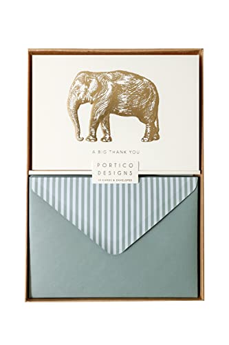 Portico Designs Gold Foiled Elephant Boxed Thank You Notecard Set of 10 with matching envelopes, Off White, Card size 14.8×10.5 cm