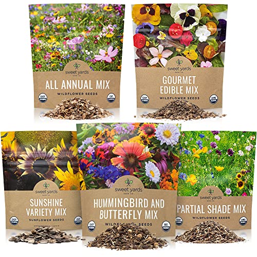 Bulk Wildflower Seeds Variety Pack – 5 Large Packets 5 Different Mixes – Over 1/4 Pound – More Than 30,000 Open Pollinated Seeds